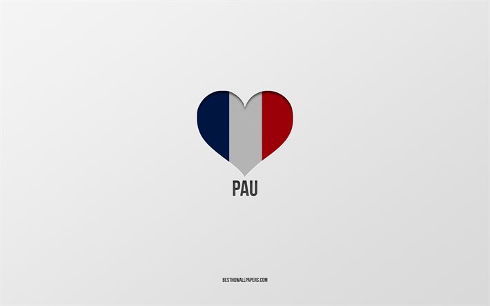 I Love Pau, French cities, gray background, France, France flag heart, Pau, favorite cities, Love Pau