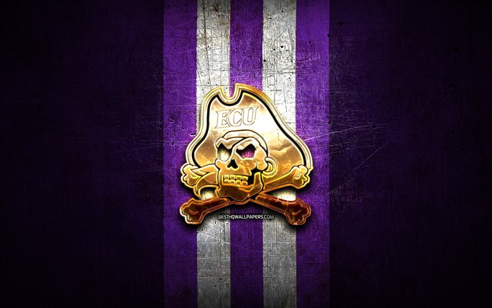 East Carolina Pirates, golden logo, NCAA, violet metal background, american football club, East Carolina Pirates logo, american football, USA