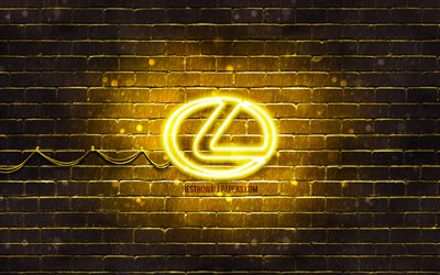 Lexus yellow logo, 4k, yellow brickwall, Lexus logo, cars brands, Lexus neon logo, Lexus