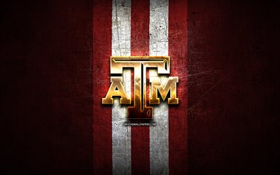 Texas AM Aggies, golden logo, NCAA, red metal background, american football club, Texas AM Aggies logo, american football, USA