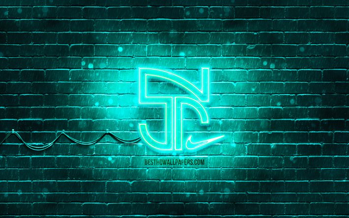 Neymar Jr turquoise logo, 4k, Neymar new logo, turquoise brickwall, Neymar Jr, fan art, Neymar Jr logo, football stars, Neymar Jr neon logo, Neymar da Silva Santos Junior