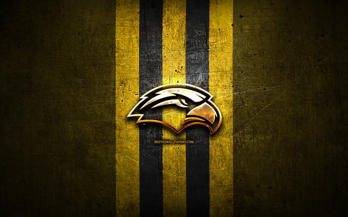Southern Miss Golden Eagles, golden logo, NCAA, yellow metal background, american football club, Southern Miss Golden Eagles logo, american football, USA