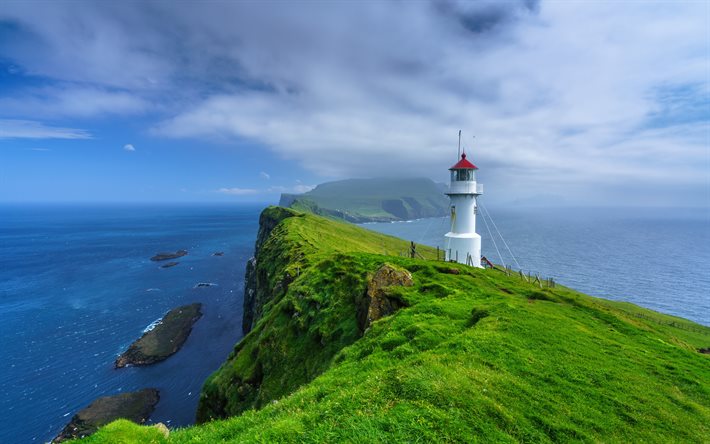 Mykines Holmur灯台, 4k, 海洋, 美しい自然, フェロー諸島, Mykines, 欧州