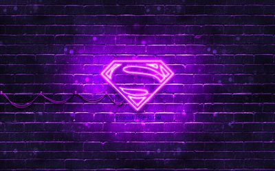 Superman delik logo, 4k, mor brickwall, Superman logo, s&#252;per kahraman, S&#252;perman, neon logo, Superman