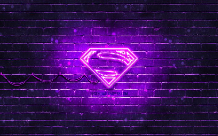 Superman delik logo, 4k, mor brickwall, Superman logo, s&#252;per kahraman, S&#252;perman, neon logo, Superman