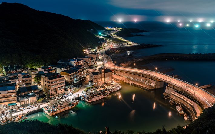 Port of Keelung, nightscapes, Keelung Harbor, ocean, asian cities, Keelung, Taiwan, Asia