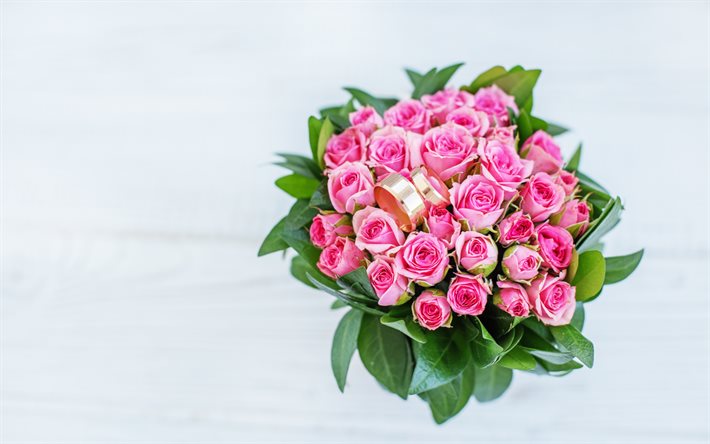 bukett av rosa rosor, gyllene ringar, bukett rosor, rosa blommor, br&#246;llop bakgrund, bakgrund f&#246;r ett br&#246;llop inbjudan