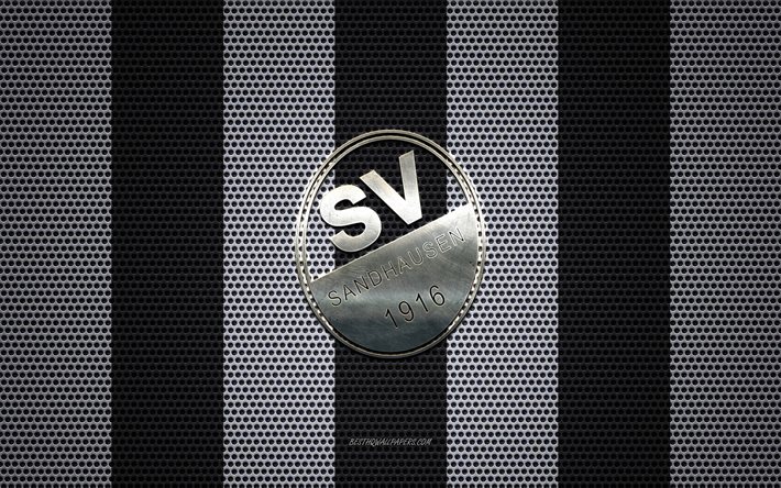 SV Sandhausenロゴ, ドイツサッカークラブ, 金属エンブレム, 黒ホワイトメタルメッシュの背景, SV Sandhausen, 2ブンデスリーガ, Sandhausen, ドイツ, サッカー