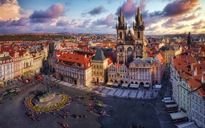 Place de la vieille Ville, 4k, coucher de soleil, la &quot; Plaza de la Ciudad Vieja, ligne d&#39;horizon, Prague, R&#233;publique tch&#232;que, Europe