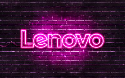 A Lenovo logotipo roxo, 4k, roxo brickwall, Log&#243;tipo da Lenovo, marcas, A Lenovo logotipo da neon, Lenovo