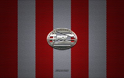 PSV logo, Dutch football club, metal emblem, red white metal mesh background, PSV, Eredivisie, Eindhoven, Netherlands, football, PSV Eindhoven