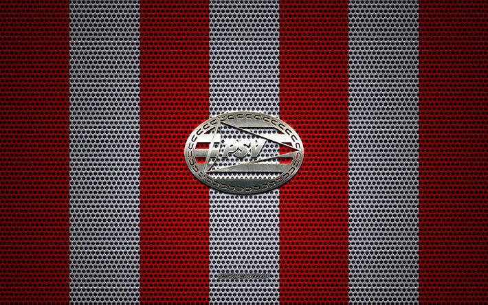 PSV logo, Dutch football club, metal emblem, red white metal mesh background, PSV, Eredivisie, Eindhoven, Netherlands, football, PSV Eindhoven