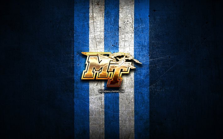 Middle Tennessee Blue Raiders, golden logo, NCAA, blue metal background, american football club, Middle Tennessee Blue Raiders logo, american football, USA
