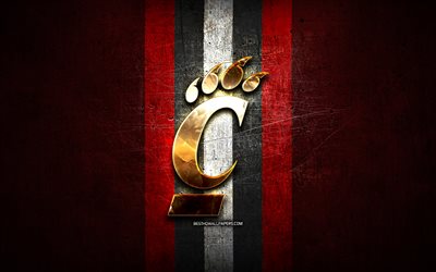Cincinnati Bearcats, altın logo, NCAA, kırmızı metal arka plan, Amerikan Futbol Kul&#252;b&#252;, Cincinnati Bearcats logo, Amerikan Futbolu, ABD