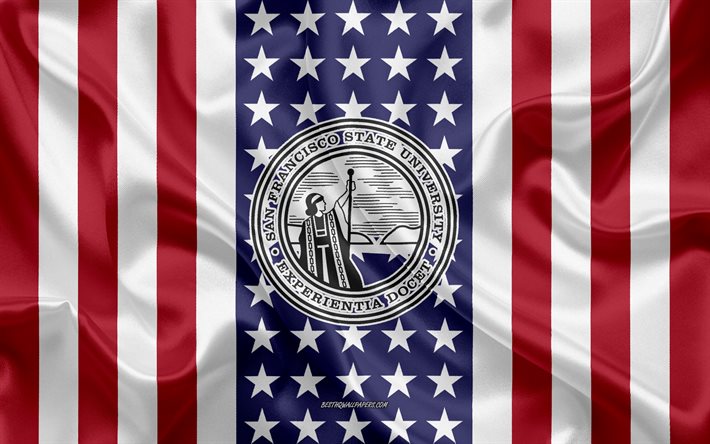 جامعة ولاية سان فرانسيسكو شعار, العلم الأمريكي, سان فرانسيسكو, كاليفورنيا, الولايات المتحدة الأمريكية, شعار جامعة ولاية سان فرانسيسكو ،