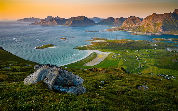 Lofoottien Saaret, Ryten, illalla, sunset, saaret, rannikolla, skyline, Norja, Lofoten
