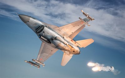 General Dynamics F-16 Fighting Falcon, blu, cielo, Polish Air Force, jet da combattimento, General Dynamics, close-up, Esercito polacco, Volo F-16, due caccia, aerei da caccia F-16, aerei da combattimento