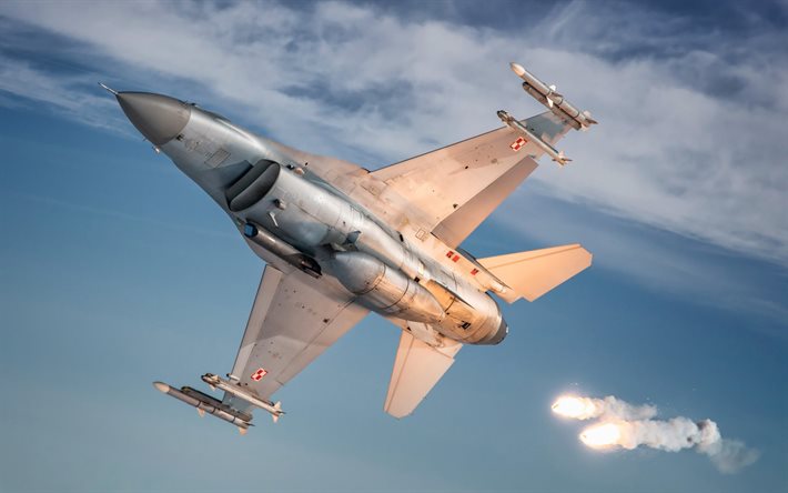 General Dynamics F-16 Fighting Falcon, sininen taivas, Puolan Ilmavoimat, jet fighter, General Dynamics, l&#228;hikuva, Puolan Armeija, Lent&#228;&#228; F-16, kaksi taistelijaa, taistelija, F-16, lentomelun