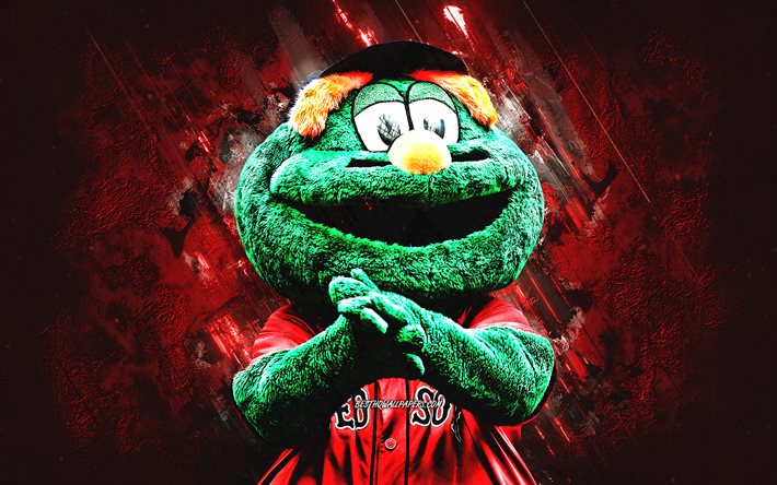 Wally o Monstro Verde, Boston Red Sox mascote, MLB, pedra vermelha de fundo, arte criativa, Boston Red Sox, Major League Baseball
