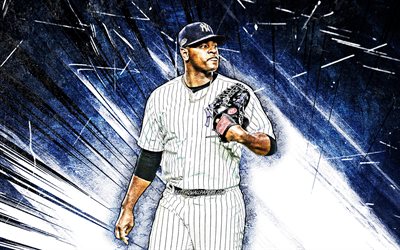 4k, Luis Severino, grunge arte, MLB, los Yankees de Nueva York, el lanzador de b&#233;isbol de la Liga Mayor de B&#233;isbol, azul abstracto rayos, Luis Severino Yankees de Nueva York, Luis Severino 4K, de los Yankees de NY