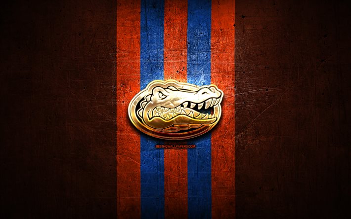 Florida Gators, golden logotyp, NCAA, red metal bakgrund, amerikansk football club, Florida Gators logotyp, amerikansk fotboll, USA
