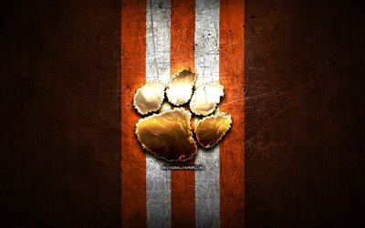 Clemson Tigers, golden logo, NCAA, orange metal background, american football club, Clemson Tigers logo, american football, USA