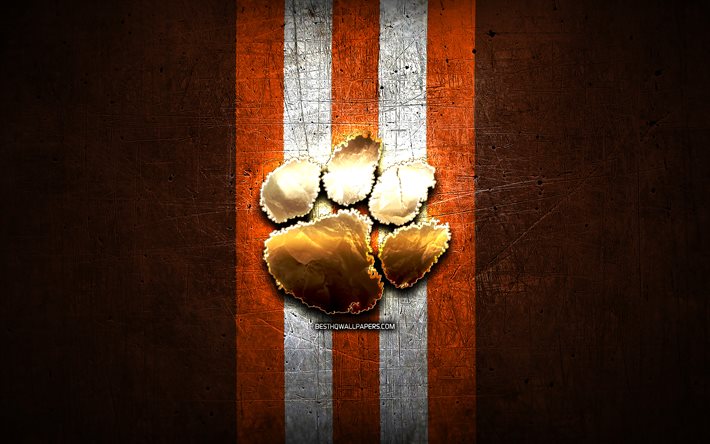 Clemson Tigers, kultainen logo, NCAA, oranssi metalli tausta, american football club, Clemson Tigers logo, amerikkalainen jalkapallo, USA