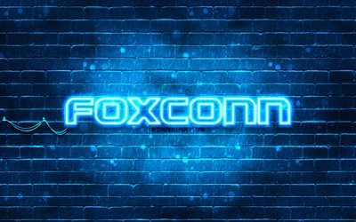 logo blu foxconn, 4k, muro di mattoni blu, logo foxconn, marchi, logo neon foxconn, foxconn