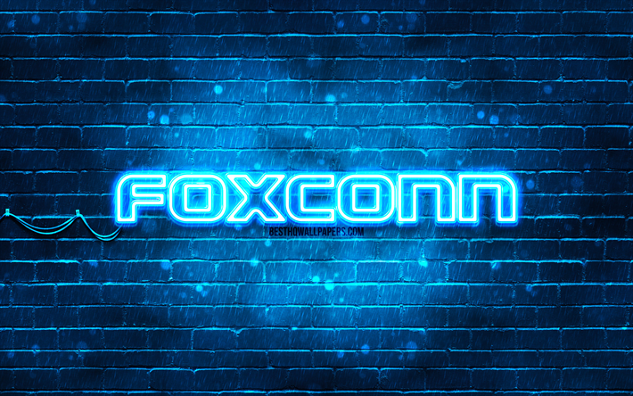 logotipo azul de foxconn, 4k, pared de ladrillo azul, logotipo de foxconn, marcas, logotipo de ne&#243;n de foxconn, foxconn