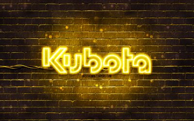 kubota logotipo amarelo, 4k, amarelo brickwall, kubota logotipo, marcas, kubota neon logotipo, kubota