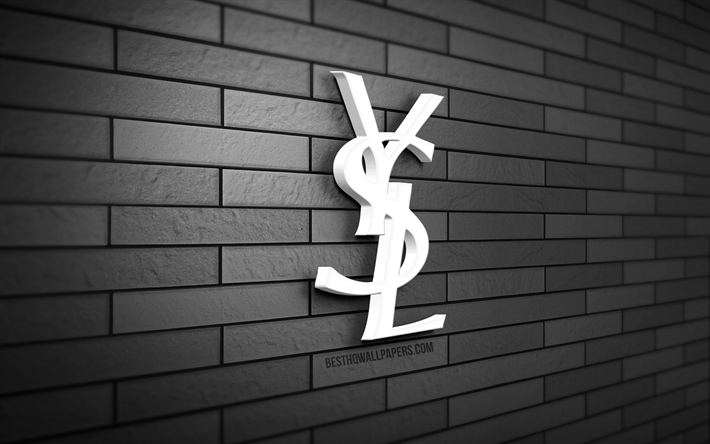 Yves Saint Laurent 3D logo, 4K, gray brickwall, creative, brands, Yves Saint Laurent logo, 3D art, Yves Saint Laurent