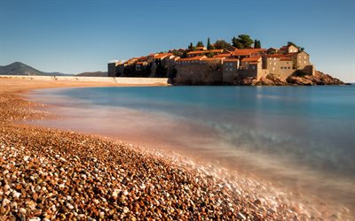 Sveti Stefan, Adriatic coast, Budva, beach, morning, coast, Mediterranean sea, Montenegro