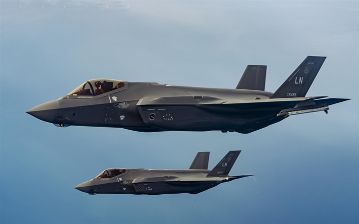 4k, Lockheed Martin F-35 Lightning II, a pair of fighter jets, US Air Force, F-35 in the sky, combat aircraft, USA, F-35, military aircraft