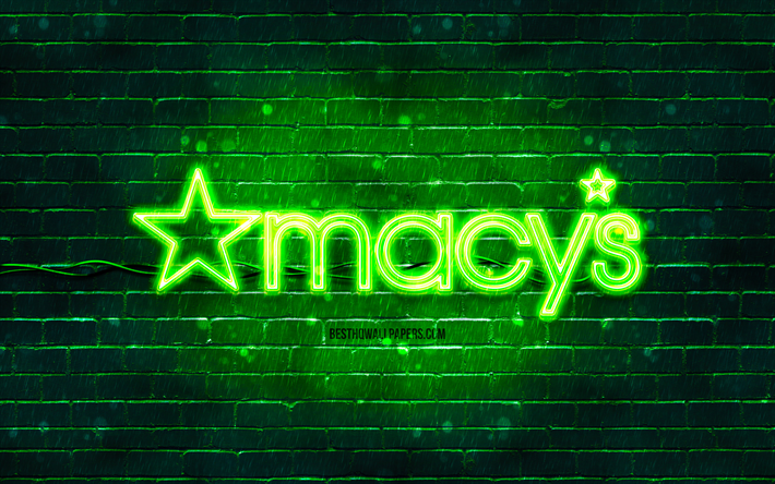 logo verde macys, 4k, muro di mattoni verde, logo macys, marchi, logo neon macys, macys