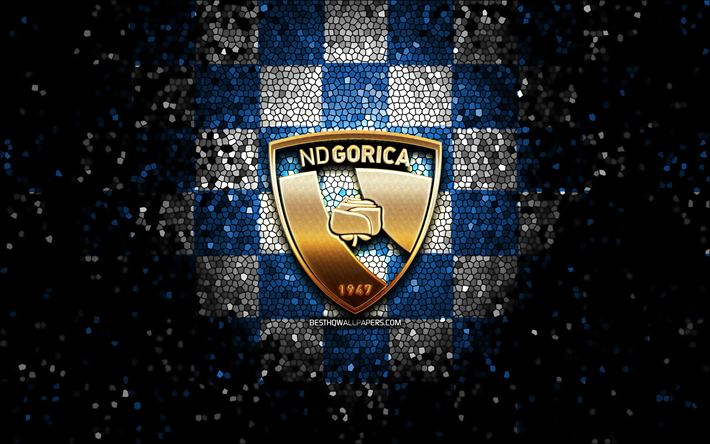 hnk gorica, logo glitter, hnl, sfondo a scacchi bianco blu, calcio, squadra di calcio croata, logo hnk gorica, arte del mosaico, gorica fc
