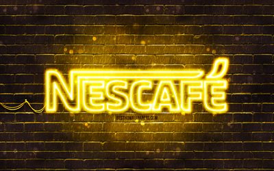 Nescafe yellow logo, 4k, yellow brickwall, Nescafe logo, brands, Nescafe neon logo, Nescafe