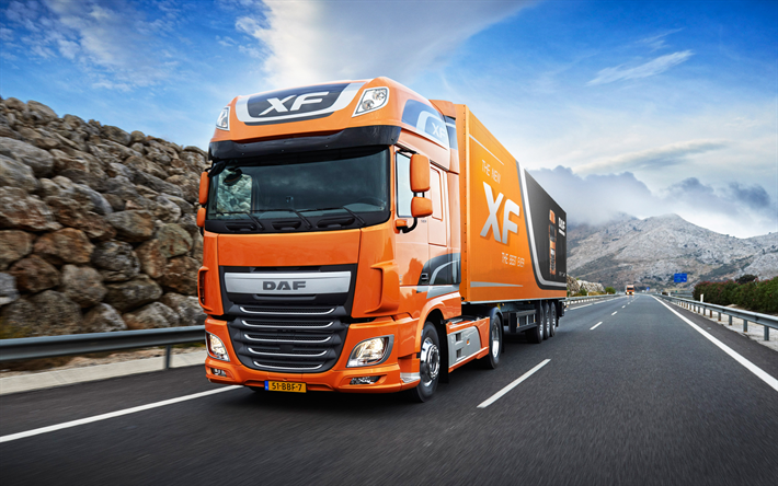 DAF XF Euro 6, 2017, Naranja XF, transporte de carga, entrega de mercanc&#237;as, camiones