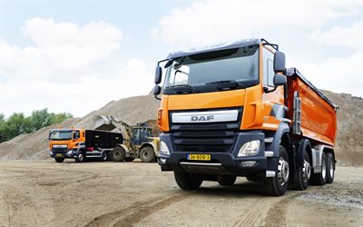 DAF CF, Euro 6, 4x8, Career dump truck, quarry, orange CF, cargo delivery, trucks, DAF
