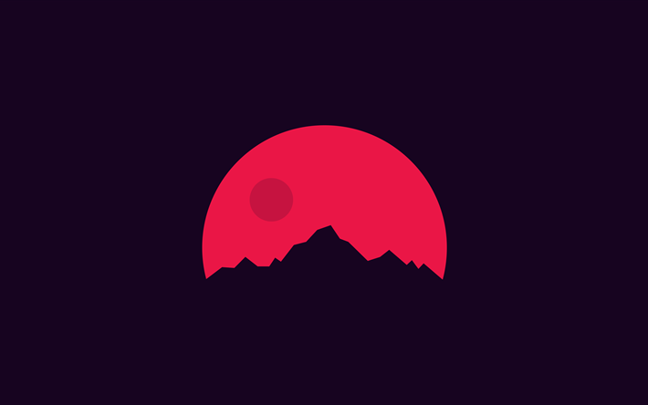 mountains, 4k, silhouette, red sun, sunset, minimal