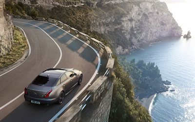 Jaguar XJR575, 2018, New cars, gray Jaguar, sedan, mountain serpentine, Jaguar