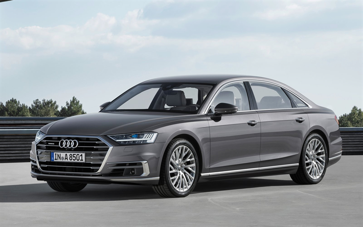 Audi A8 L, 2018, Uzun versiyonu, sedan, gri A8, yeni A8, Alman arabaları, l&#252;ks sedan, Audi