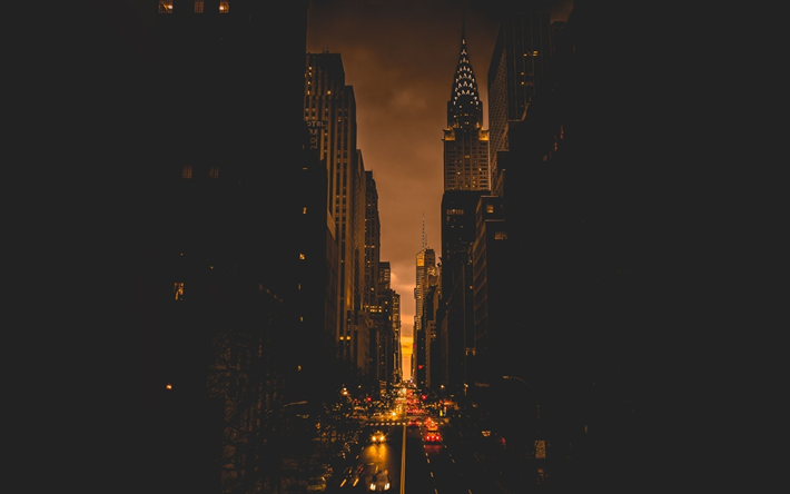 ニューヨーク, 夜, 大都市, 道路, 高層ビル群, 米国, 米