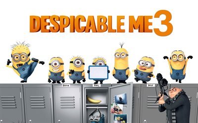 Despicable Me 3, 2017, All the characters, new cartoons, Film Fantasy, Balthazar Bratt, Kevin, minions