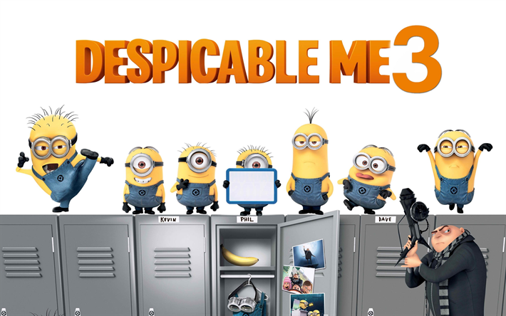 Despicable Me 3, 2017, All the characters, new cartoons, Film Fantasy, Balthazar Bratt, Kevin, minions