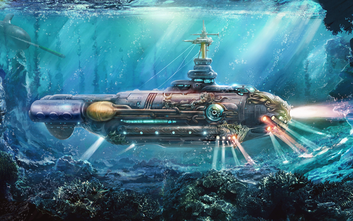 nautilus, underwater, submarine, art