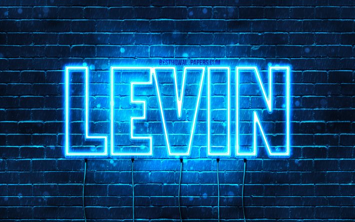 Levin, 4k, taustakuvia nimet, vaakasuuntainen teksti, Levin nimi, Hyv&#228;&#228; Syntym&#228;p&#228;iv&#228;&#228; Levin, suosittu saksalainen uros nimet, blue neon valot, kuva Levin nimi