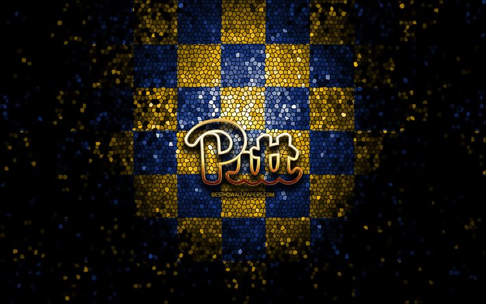 Pittsburgh Panthers, glitter logotipo, NCAA, azul amarelo fundo quadriculado, EUA, time de futebol americano, Pittsburgh Panthers logotipo, arte em mosaico, futebol americano, Am&#233;rica