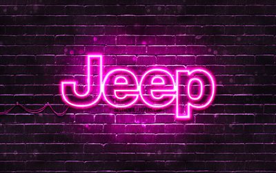 Jeep purple logo, 4k, purple brickwall, Jeep logo, cars brands, Jeep neon logo, Jeep