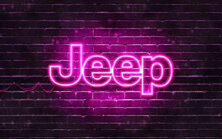 jeep lila logo, 4k, lila brickwall -, jeep-logo, autos, marken, jeep neon-logo, jeep