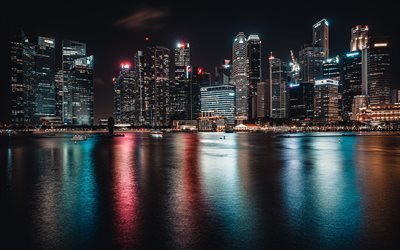 Singapur, noche, paisaje urbano, rascacielos, edificios modernos, skyline de Singapur, Rep&#250;blica de Singapur, Asia